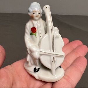 VTG Glazed Man Playing The Cello White W/ Red Rose Porcelain Figurine 2.75”